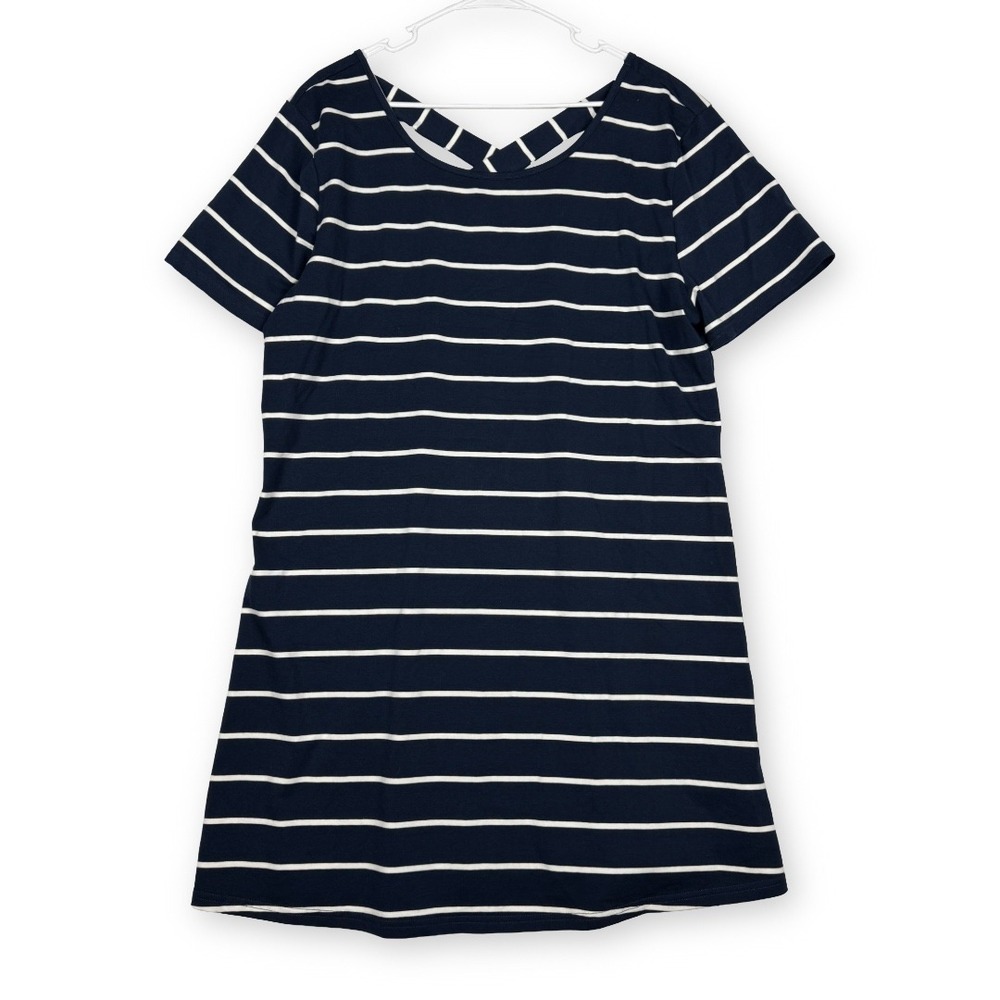 Navy White Striped V-Neck Crisscross Back T-Shirt Dress 2XL NWT